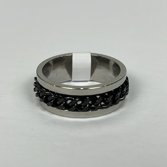 Stainless Steel Black Chain Spinner Fidget Unisex Ring Silver Tone Sz 9 NWOT - Picture 2 of 5